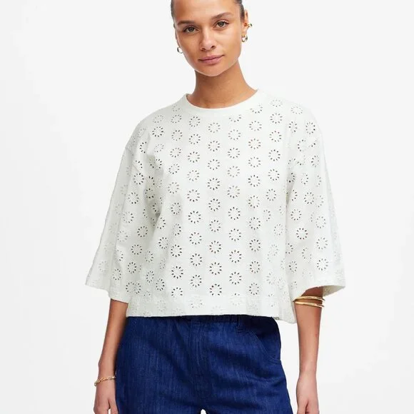 Madewell Embroidered Wide-Sleeve Boxy Tee Sunfaded Blue Relaxed Fit Casual Top S - Picture 6 of 16